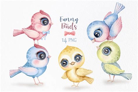 Cute Birds Watercolor Clipart Funny Colorful Tiny Bird Png