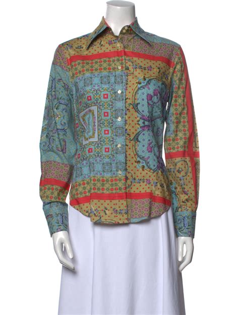 Etro Printed Long Sleeve Button Up Top Blue Tops Clothing