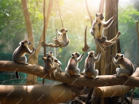 Premium Ai Image A Group Of Lemurs Are Sitting On A Tree Branch And One Of Them Is Holding A