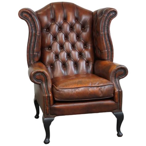 Tijdloze Cognac Kleurige Engelse Rundleren Chesterfield Oorfauteuil In