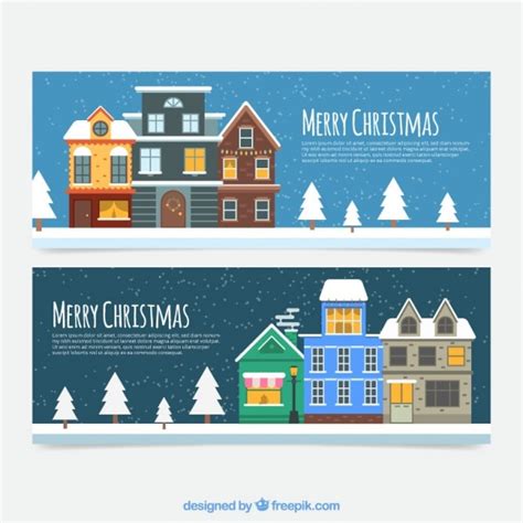 Banners de feliz navidad de casas planas con árboles Vector Gratis