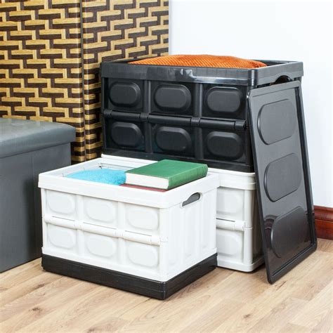 Storage Box With Lid Folding Stackable 30l 56l Lidded Plastic Crate Tub