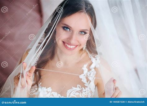 Beautiful Bride Portrait With Veil Over Her Face Close Up Portrait Of