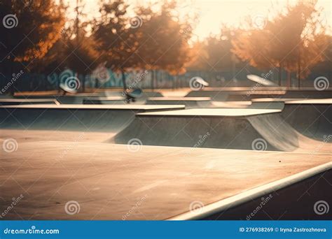 Empty Skate Park At Sunrise Or Sunset With Blurred Background