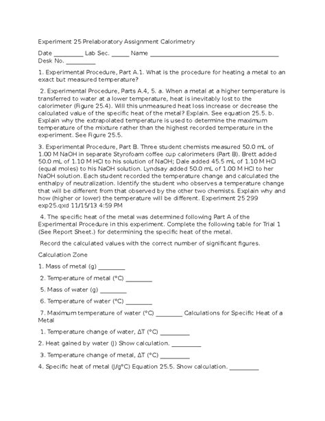 Experiment Experiment Prelaboratory Assignment Calorimetry Date