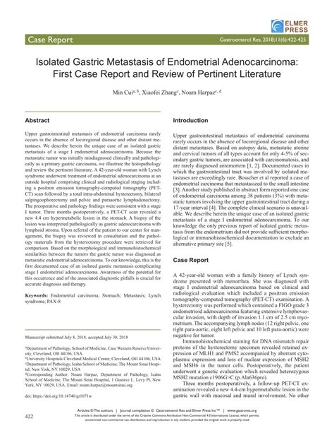 Pdf Isolated Gastric Metastasis Of Endometrial Adenocarcinoma First