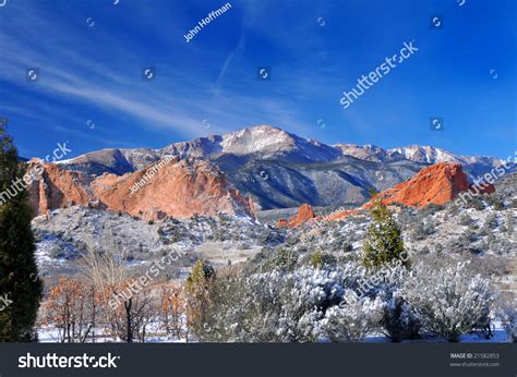 Pikes Peak Soaring Over The Garden Of The Gods Near Colorado Springs