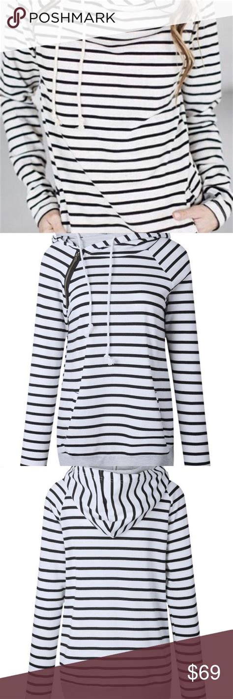 New 💞😘 Striped Cowl Neck Hooded Sweatshirt Clothes Design Hooded