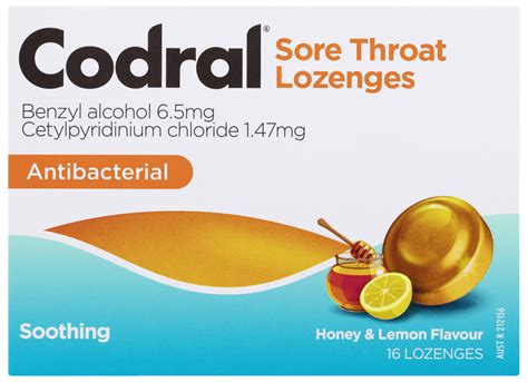 Codral Sore Throat Lozenges Antibacterial Honey And Lemon 16 Pack