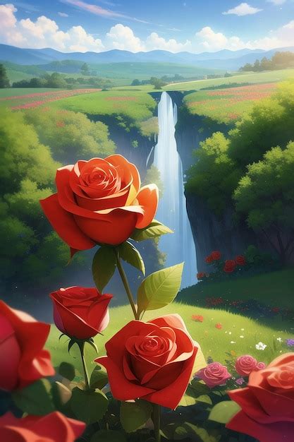 Premium AI Image | A painting of a waterfall and roses