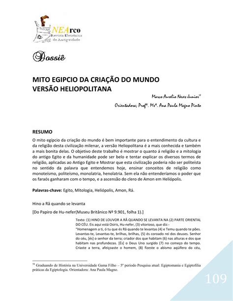 Pdf Mito Egipcio Da Cria O Do Mundo Vers O O Mito Eg Pcio Da