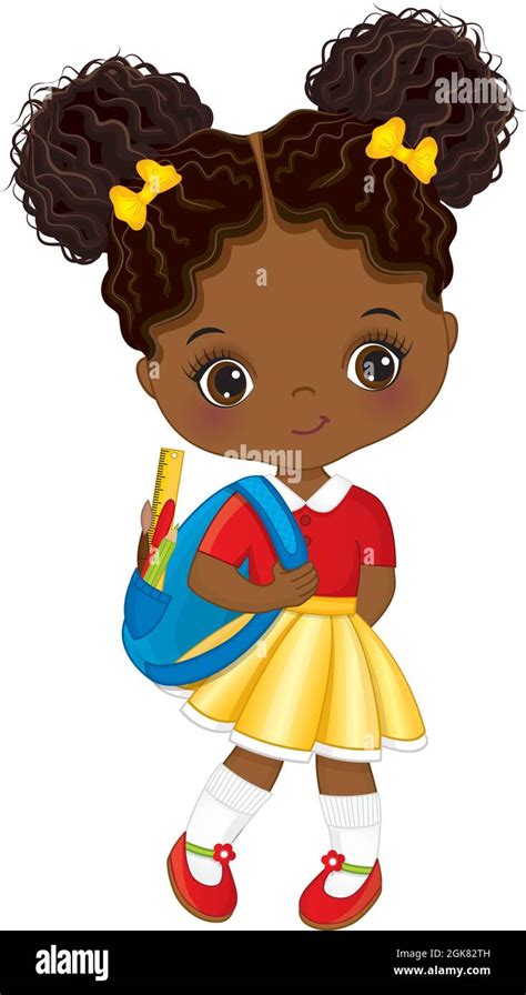 Cute Little School African American Girl Holding Rucksack With Accessories Vector Cute School