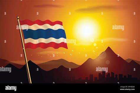 Thailand Flag With Sunset Background Of Mountains And Lakes Stock