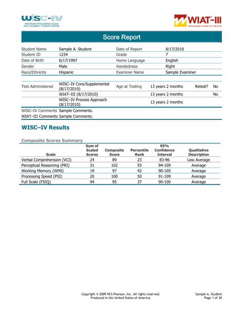 Pdf Wisc Iv Scoring Assistant With Wiat Iii Sample Report