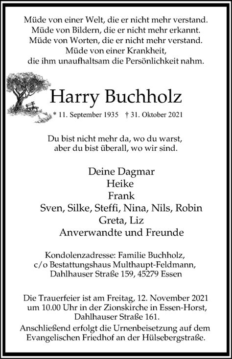 Traueranzeigen Von Harry Buchholz Trauer In NRW De