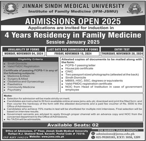 Admission Open In Jinnah Sindh Medical University Karachi Th November