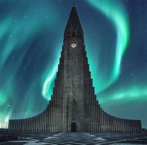 Hallgrímurs Church Hallgrímskirkja With The Aurora Borealis Above