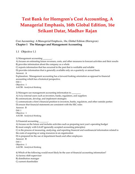 Test Bank Horngren S Cost Accounting A Managerial Emphasis 16th