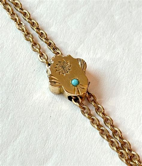 Vintage Victorian Slide Chain Necklace Antique Gold Filled Turquoise