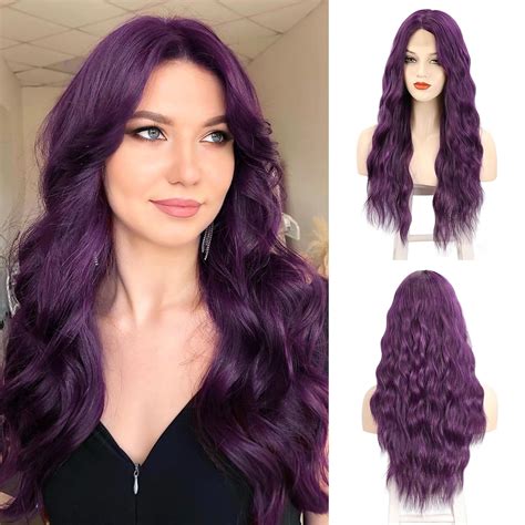 Purple Long Wavy Wig Dark Purple Wigs For Women 24 Inch Curly Middle Part Lace