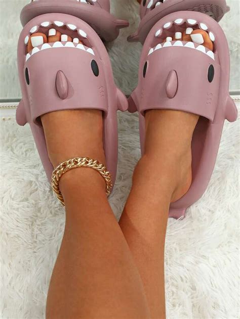 Shark Design Single Band Slides Lavender Preppy Style Cartoon Slippers