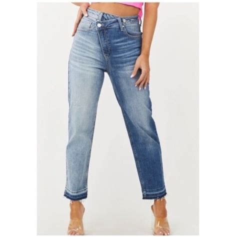 Risen Jeans High Rise Crossover Two Tone Wide Leg Jeans Stretchy Denim