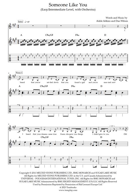 Someone Like You Easy Intermediate Level With Orchestra Adele Guitar Tabs And Sheet Music