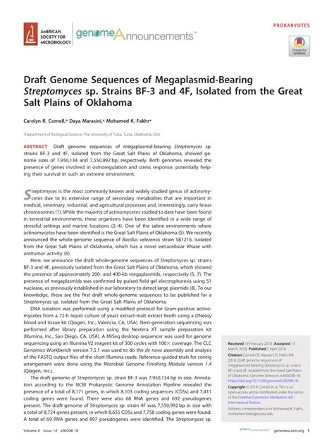 Pdf Draft Genome Sequences Of Megaplasmid Bearing Streptomyces Sp