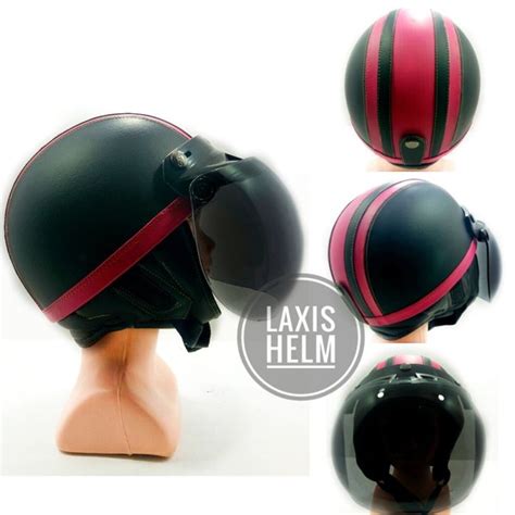 Jual Helm Retro Chip Kulit Hitam Garis Pink Kaca Bogo Original Di Lapak