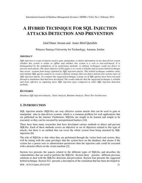 A Hybrid Technique For Sql Injection Attacks Detection And Prevention Pdf