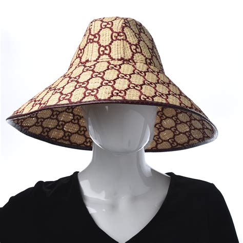 Gucci Snakeskin Raffia Interlocking Gg Embroidered Wide Brim Hat Beige