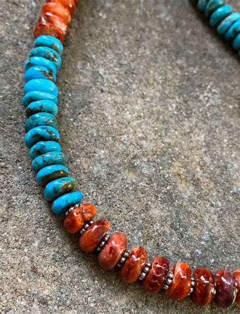 Sterling Silver Turquoise W Orange Spiny Oyster Bead Necklace Inch