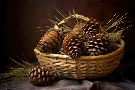 Premium Ai Image Pine Cones In A Rustic Woven Basket Created With