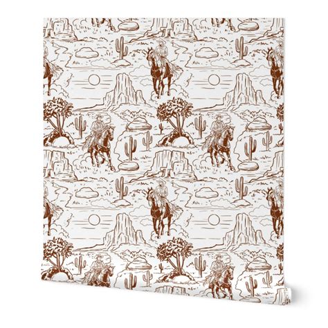 Vintage Retro Western Cowboy Toile White Wallpaper Spoonflower