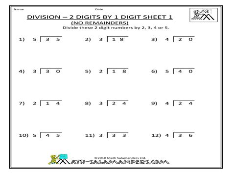 Division 2 Digits By 1 Digit No Remainders Sheet 1 Worksheet For 3rd