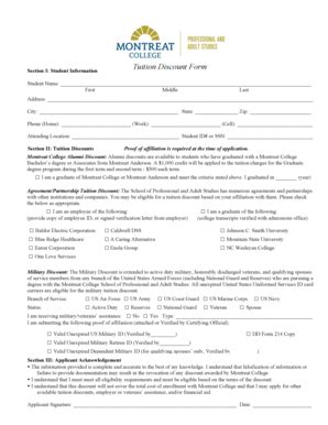 Fillable Online Montreat Tuition Discount Form Section I Student