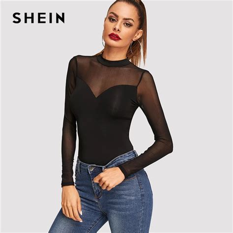 Shein Black Office Lady Workwear Solid Contrast Mesh Sheer Long Sleeve