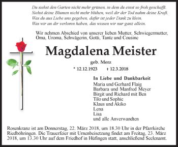 Traueranzeigen von Magdalena Meister Schwarzwälder Bote Trauer