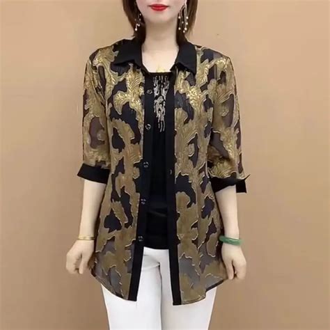 Vintage Printed Summer Blouse Fashion Turn Down Collar Female Clothing Casual 3 4 Sleeve Commute