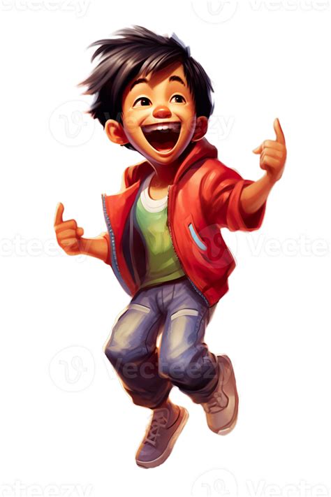 Ai Generated Asian Kid Boy Dancing Jumping In Joy Raising Hands And