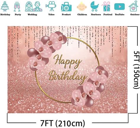 Heyone 7x5ft Happy Birthday Photography Backdrop Pink Rose Gold Balloon Glitter Floral Birthday