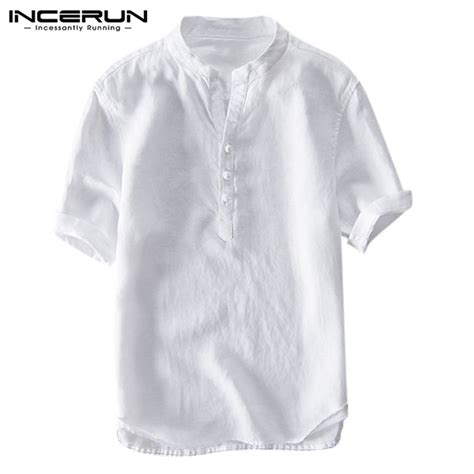 Incerun Men Solid V Neck Cotton Linen Shirt Shopee Philippines