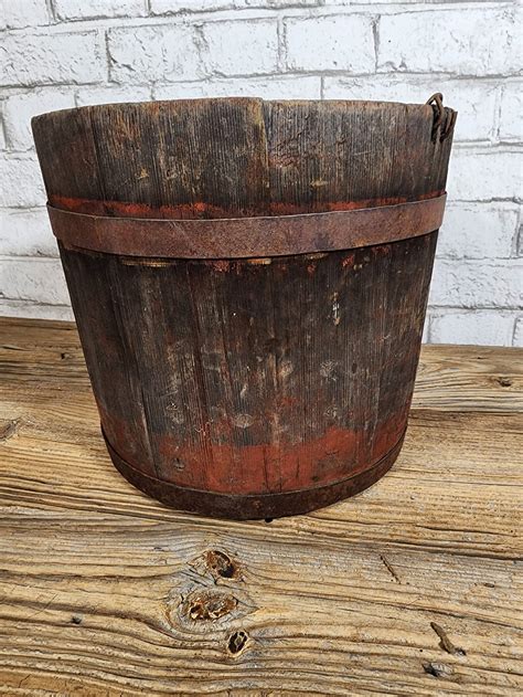 Antique Wood Sap Bucket With Remnents Of Oyster White And Red Etsy Canada