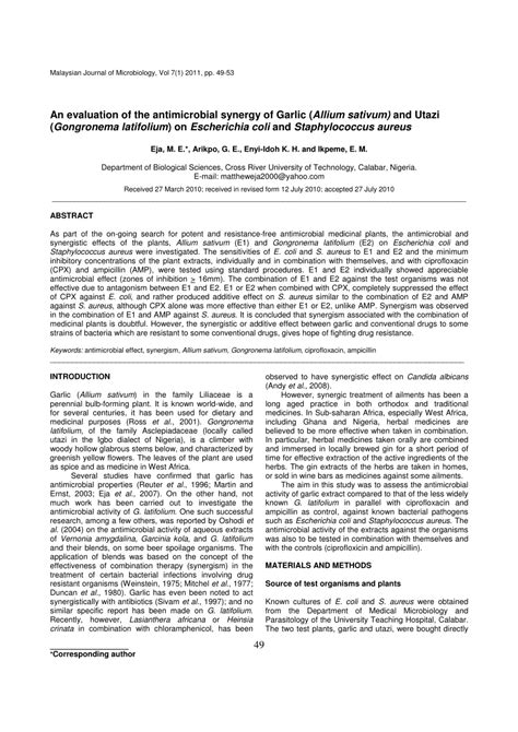 Pdf An Evaluation Of The Antimicrobial Synergy Of Garlic Allium