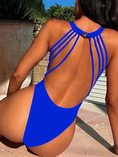 Shein Swim Sxy Solid Backless High Cut One Piece Swimsuit Shein Uk