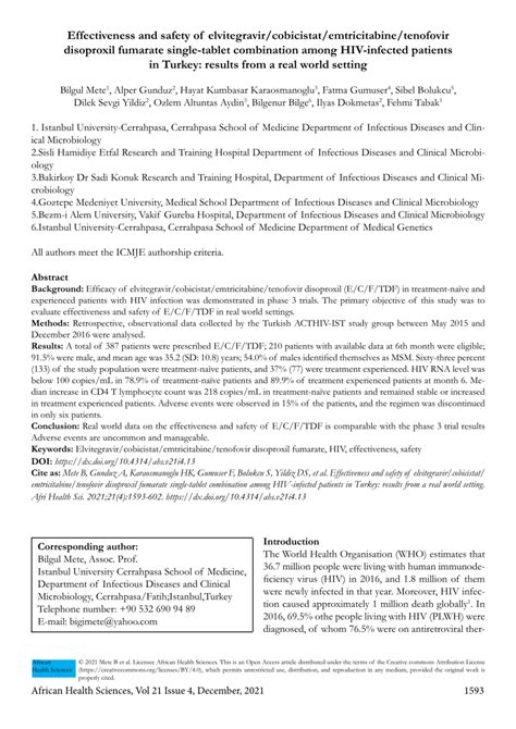 Pdf Effectiveness And Safety Of Elvitegravircobicistatemtricitabinetenofovir Disoproxil