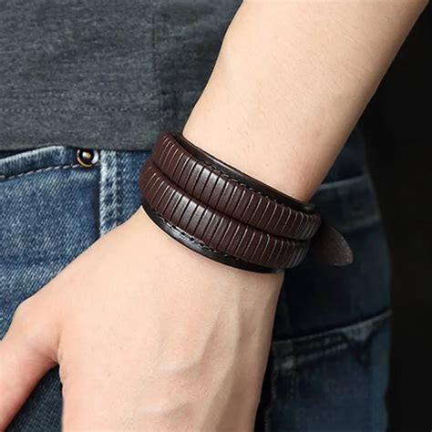 Double Layer Leather Bracelets For Men Fashion Wrist Wide Bangles Belt