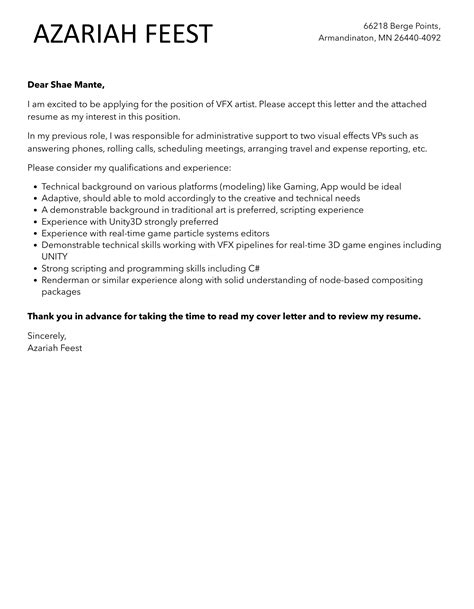 Vfx Artist Cover Letter Velvet Jobs