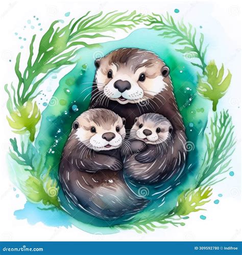 Sea Otter Mom and Two Baby Otters in Seaweeds Wreath Against White ...