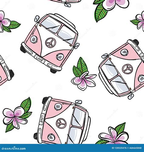 Seamless Vw Kombi With Flowers Pale Pink Stock Vector Illustration